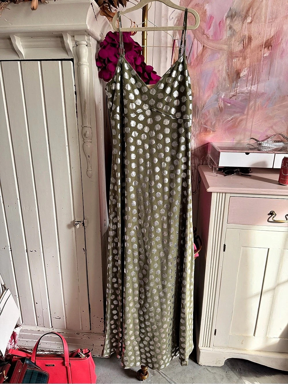 Michael Kors Floral Maxi Dress in Green & Silver Size Medium